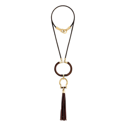 Collar de 59cm para mujer con piel de borrego trenzada redonda en 4 hilos, aro con piel tejida y dije de herradura en baño de oro de 22K con borla de piel natural de borrego - Joyería y bisutería fina