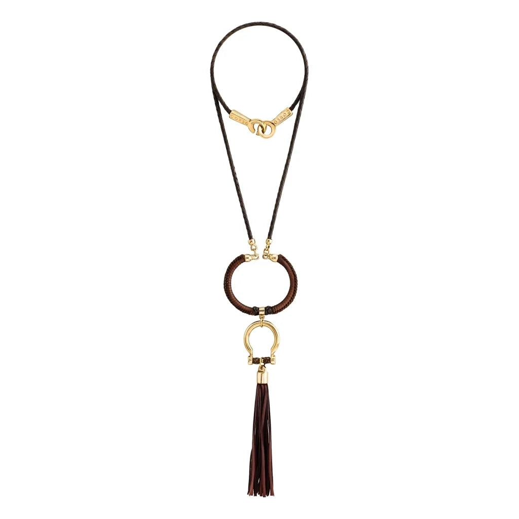 Collar de 59cm para mujer con piel de borrego trenzada redonda en 4 hilos, aro con piel tejida y dije de herradura en baño de oro de 22K con borla de piel natural de borrego - Joyería y bisutería fina