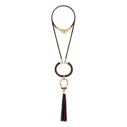 Collar de 59cm para mujer con piel de borrego trenzada redonda en 4 hilos, aro con piel tejida y dije de herradura en baño de oro de 22K con borla de piel natural de borrego - Joyería y bisutería fina