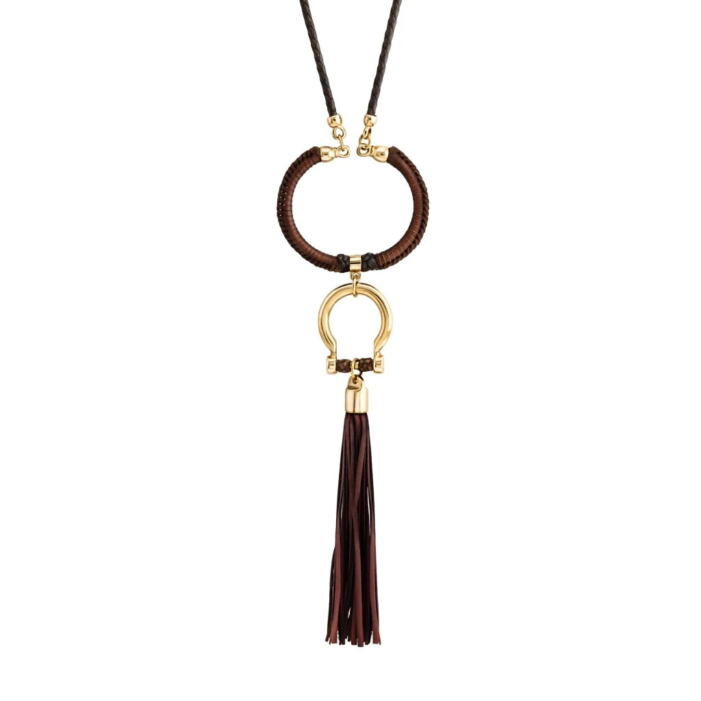 Collar de 59cm para mujer con piel de borrego trenzada redonda en 4 hilos, aro con piel tejida y dije de herradura en baño de oro de 22K con borla de piel natural de borrego - Joyería y bisutería fina