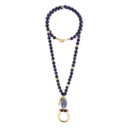 Collar de 44cm con piedras 8mm, dije e piedra, con herradura y semillas en baño de oro de 22K - Joyería y bisutería fina