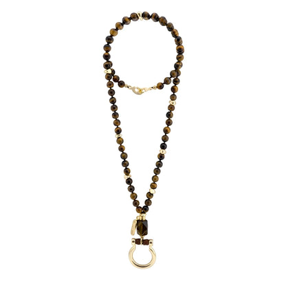 Collar de 44cm con piedras 8mm, dije e piedra, con herradura y semillas en baño de oro de 22K - Joyería y bisutería fina