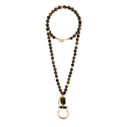 Collar de 44cm con piedras 8mm, dije e piedra, con herradura y semillas en baño de oro de 22K - Joyería y bisutería fina