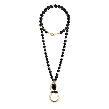 Collar de 44cm con piedras 8mm, dije e piedra, con herradura y semillas en baño de oro de 22K - Joyería y bisutería fina