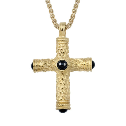 Collar de 36cm, con piedras de 6mm, con dije de cruz y mini donas en terminado de acero anticado en baño de oro de 22K - Joyería y bisutería fina