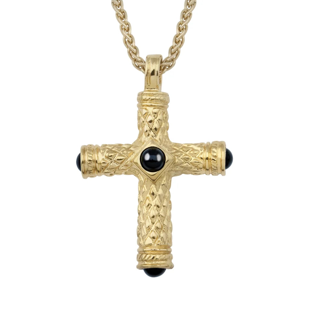 Collar de 36cm, con piedras de 6mm, con dije de cruz y mini donas en terminado de acero anticado en baño de oro de 22K - Joyería y bisutería fina