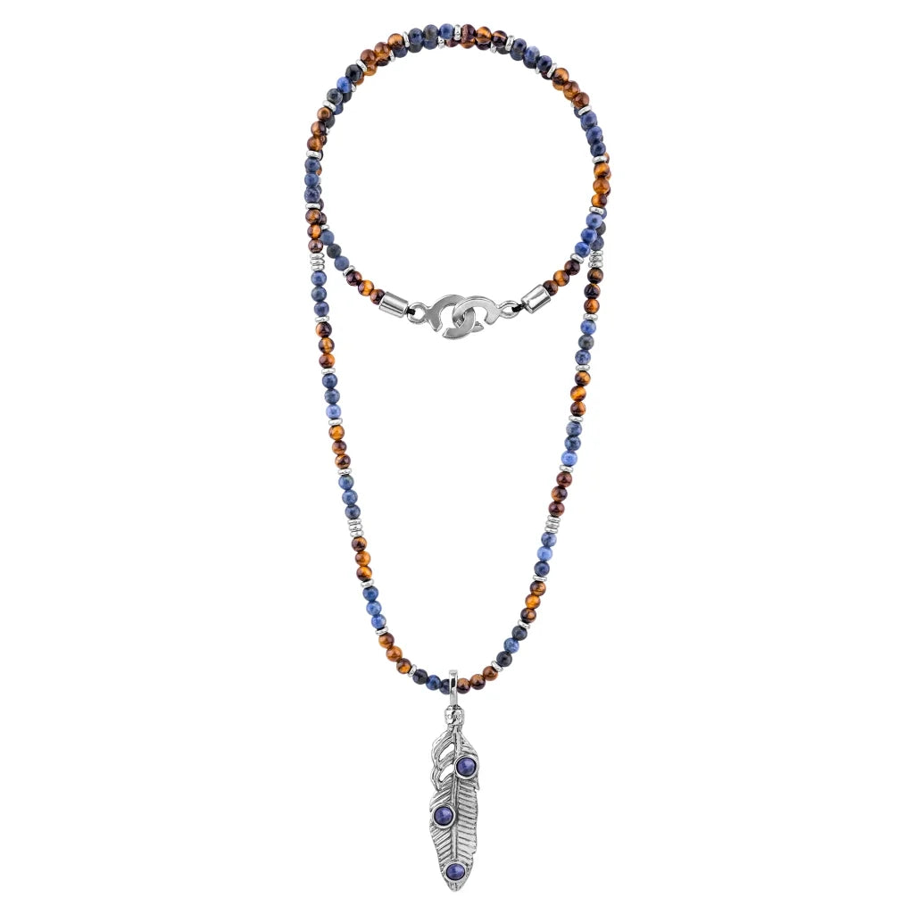 Collar de 39cm con piedras de 4mm, mini donas y dije de pluma en terminado de acero anticado - Joyería y bisutería fina
