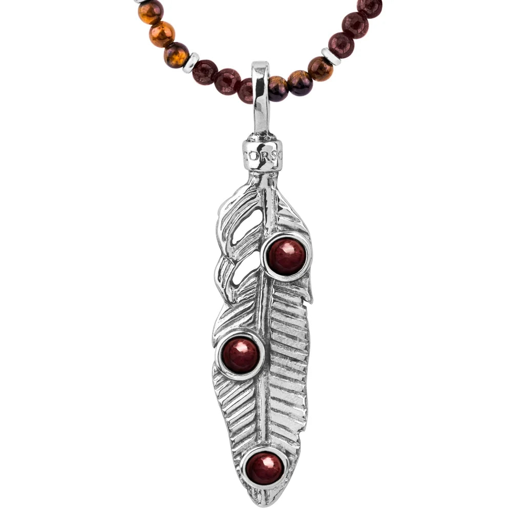 Collar de 39cm con piedras de 4mm, mini donas y dije de pluma en terminado de acero anticado - Joyería y bisutería fina