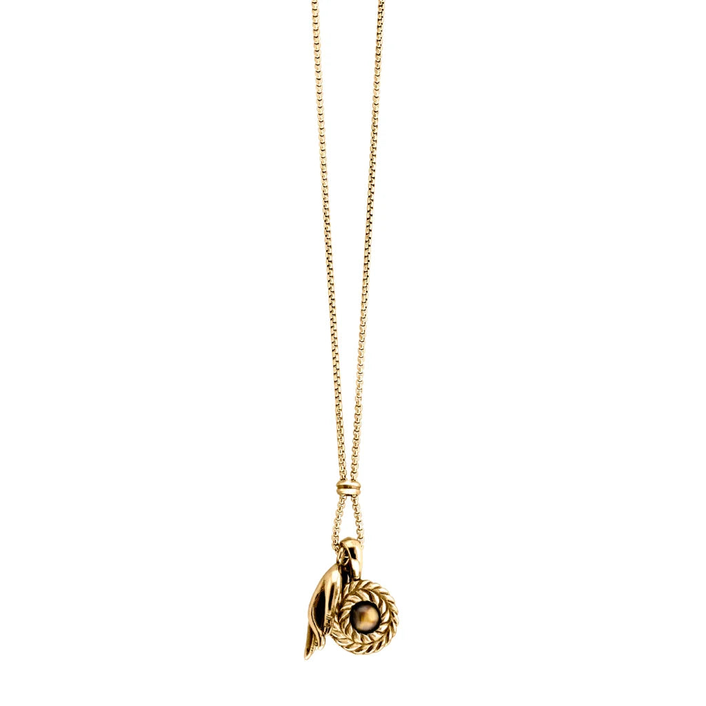 Collar de 62cm con piedra de 8mm, con dije de mano mudra, laurel y cadena en baño de oro de 22K - Joyería y bisutería fina