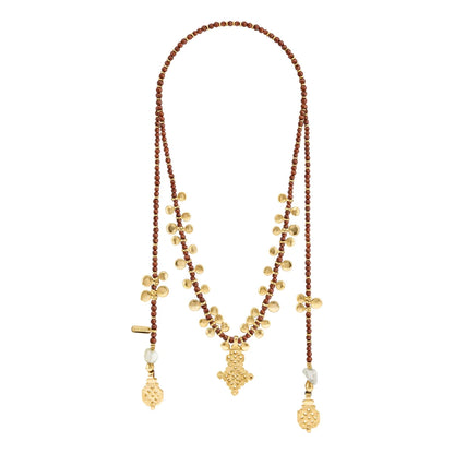 Collar corbatín de 140cm, en baño de oro 22K, con piedras de 4mm y un dije de cruz africana - Joyería y bisutería fina