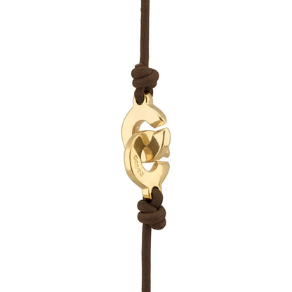 Collar corbatín de 80cm con cordón de piel natural española. con piezas en baño de 22K y nudos franceses en piel natural de borrego - Joyería y bisutería fina