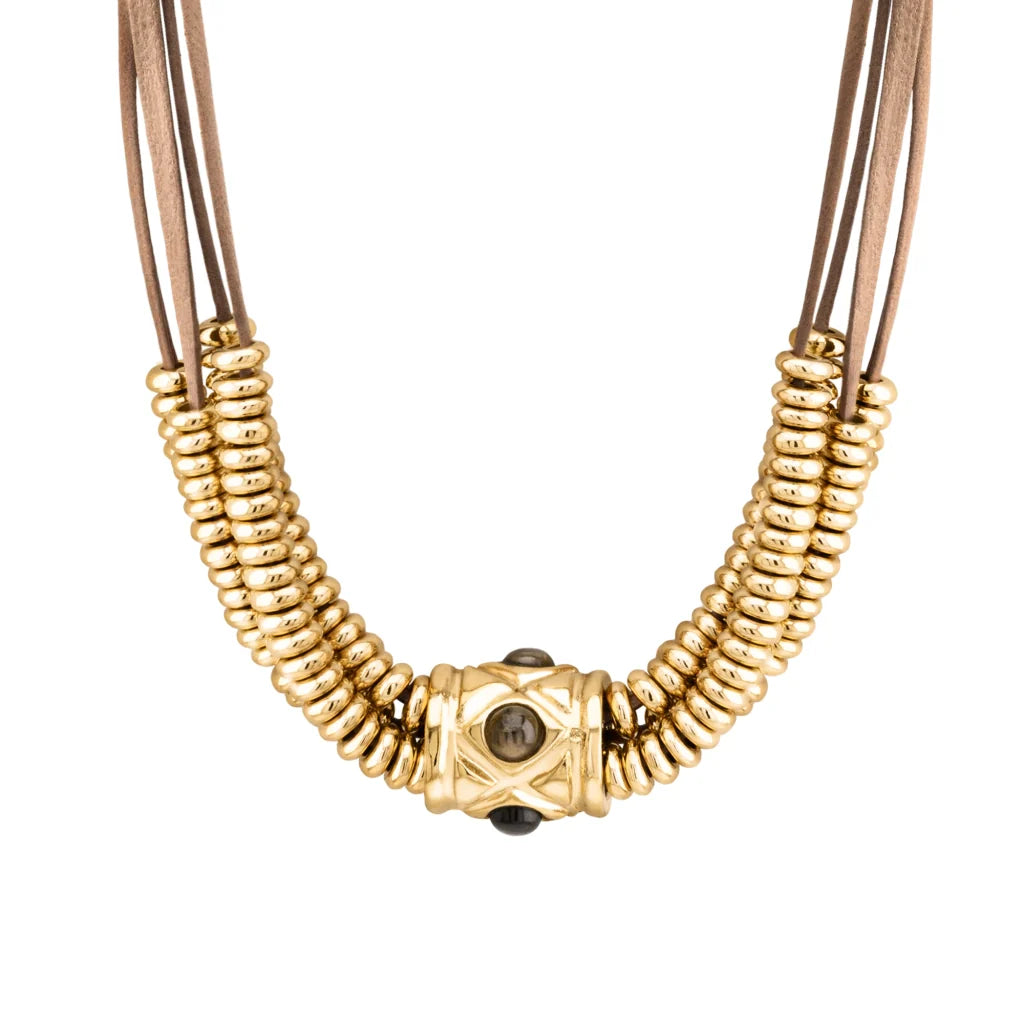 Collar Baño de Oro 22K o rodio, piedra central geométrica, Piedras pirita facetadas - Joyería y bisutería fina