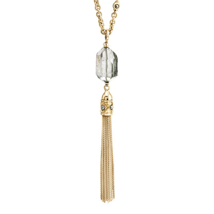 Collar Baño de Oro 22K o rodio, Cuarzo blanco central, Colgante tipo borla, cierre Omega - Joyería y bisutería fina
