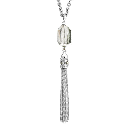 Collar Baño de Oro 22K o rodio, Cuarzo blanco central, Colgante tipo borla, cierre Omega - Joyería y bisutería fina
