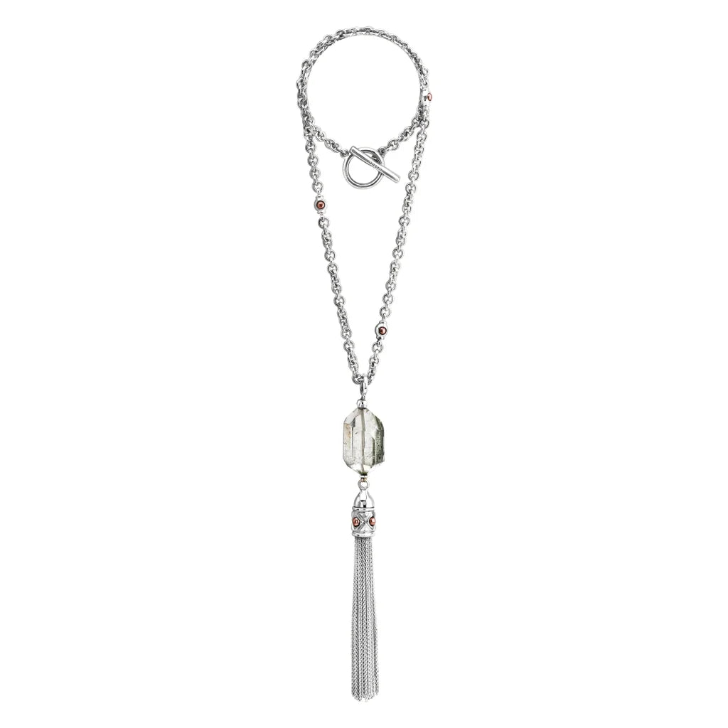 Collar Baño de Oro 22K o rodio, Cuarzo blanco central, Colgante tipo borla, cierre Omega - Joyería y bisutería fina