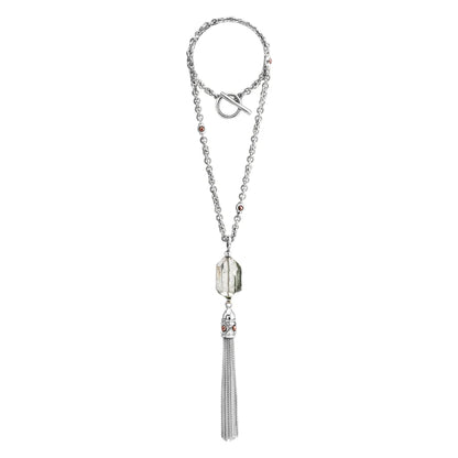 Collar Baño de Oro 22K o rodio, Cuarzo blanco central, Colgante tipo borla, cierre Omega - Joyería y bisutería fina