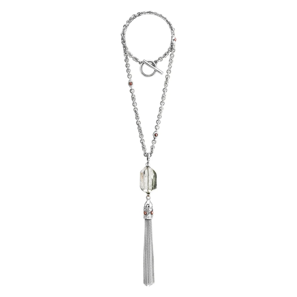 Collar Baño de Oro 22K o rodio, Cuarzo blanco central, Colgante tipo borla, cierre Omega - Joyería y bisutería fina