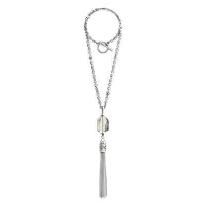 Collar Baño de Oro 22K o rodio, Cuarzo blanco central, Colgante tipo borla, cierre Omega - Joyería y bisutería fina