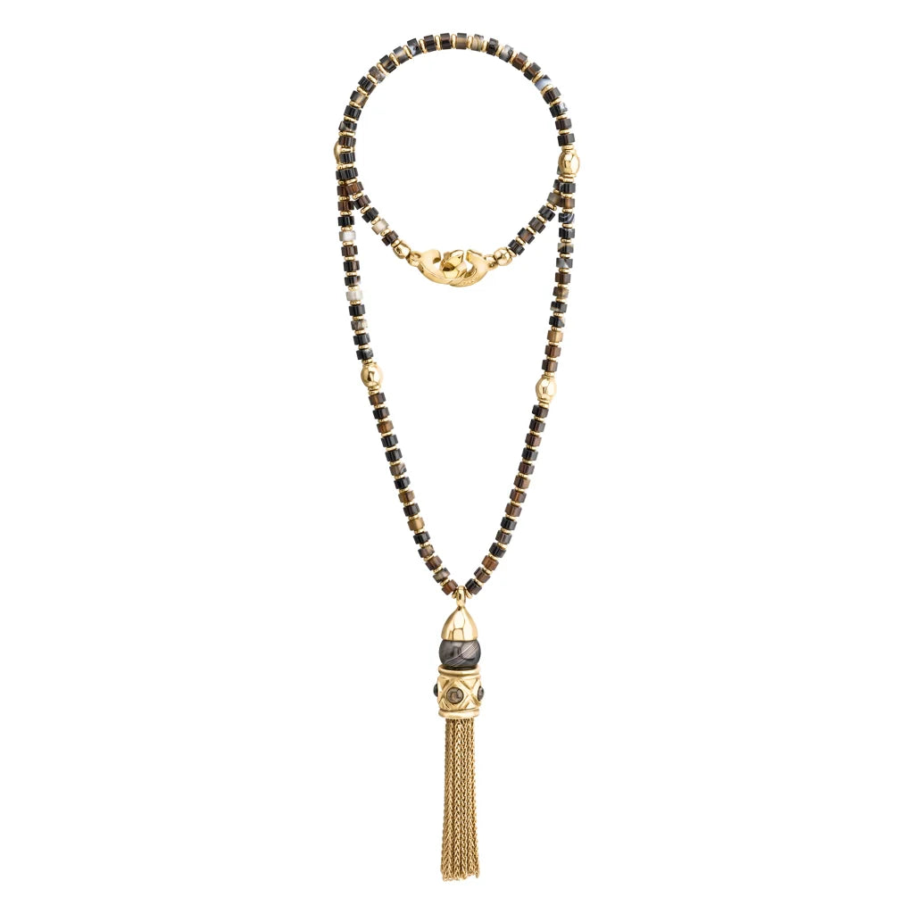 Collar Baño de Oro 22K, Ágata negra esférica, Borla de cadena - Joyería y bisutería fina