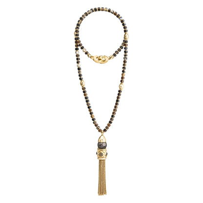 Collar Baño de Oro 22K, Ágata negra esférica, Borla de cadena - Joyería y bisutería fina