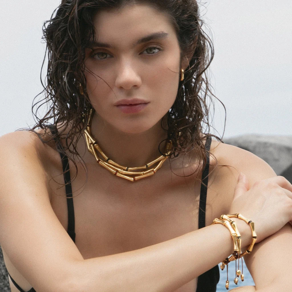 Choker Bañado en oro de 22K, Piedras, Cuentas tubulares - Joyería y bisutería fina