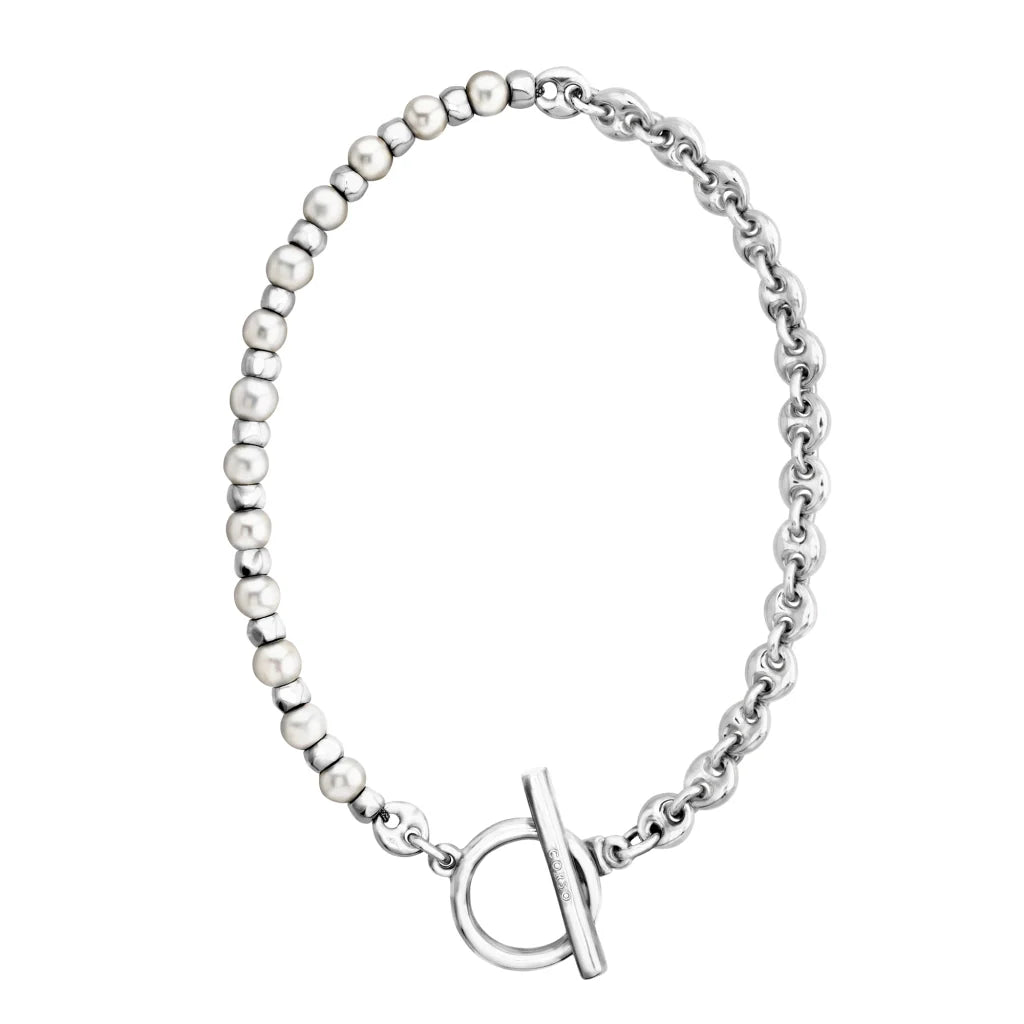 Collar baño en rodio, perlas, cadena - Joyería y bisutería fina