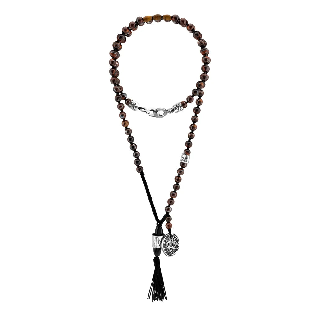 Collar de 43cm con piedras 6mm, con dije de moneda tibetana y borla de hilo encerado - Joyería y bisutería fina