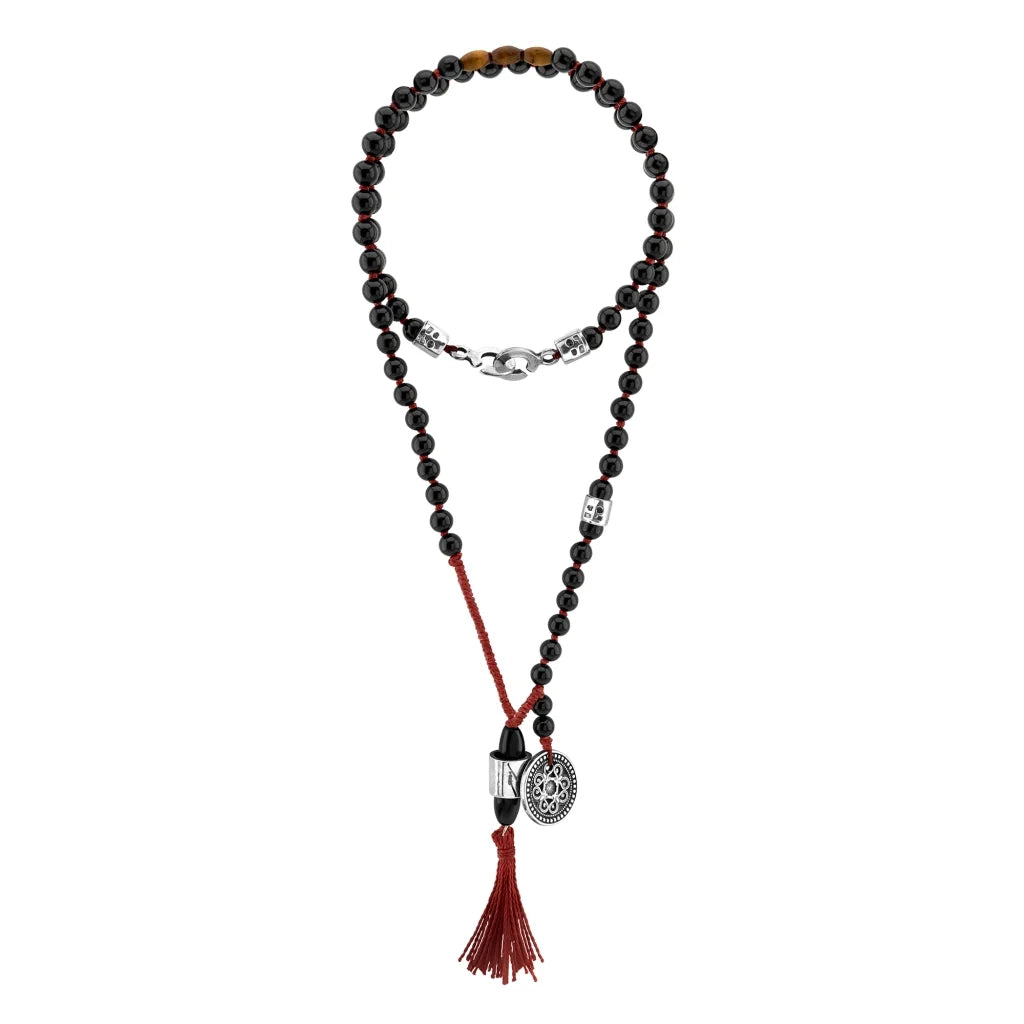 Collar de 43cm con piedras 6mm, con dije de moneda tibetana y borla de hilo encerado - Joyería y bisutería fina