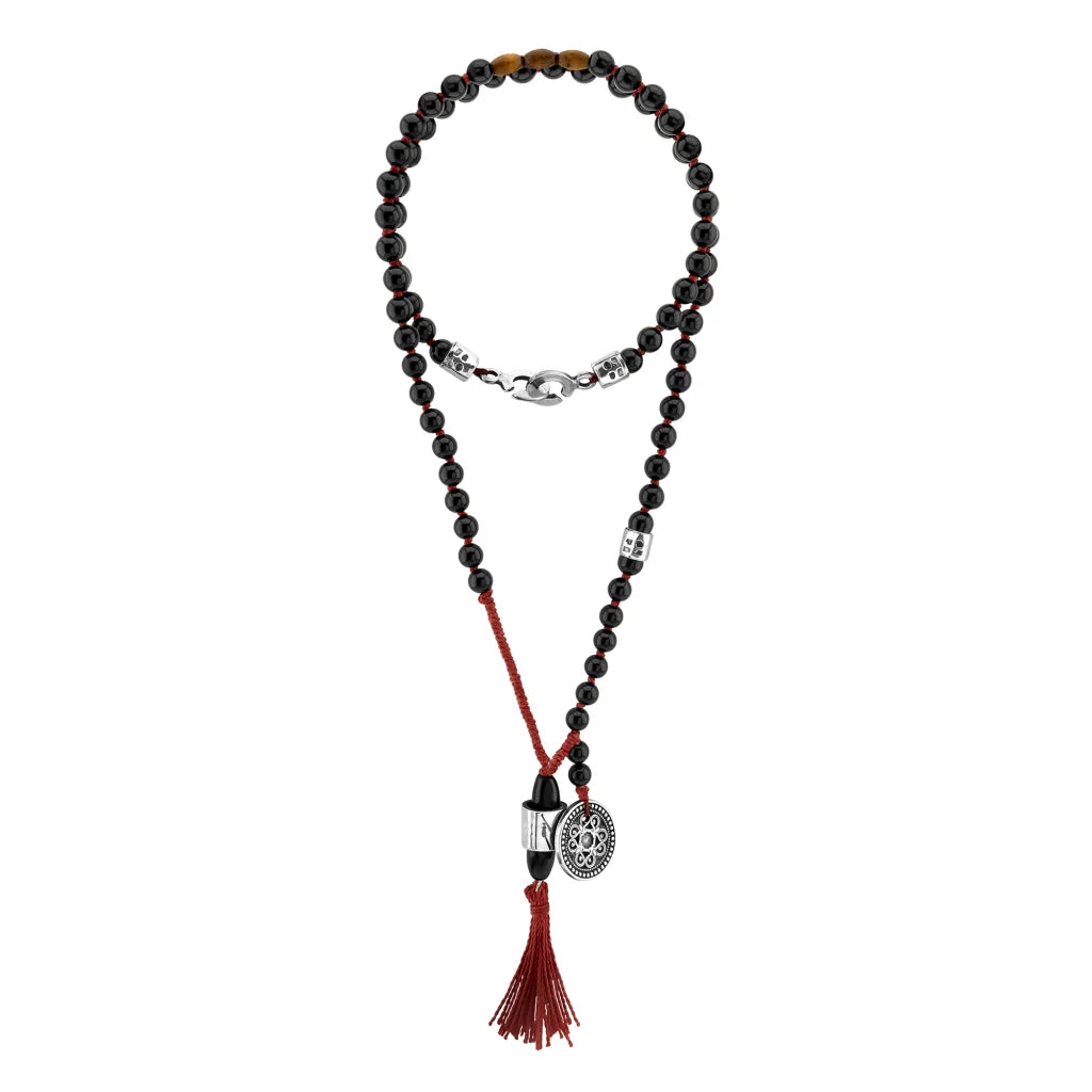 Collar de 43cm con piedras 6mm, con dije de moneda tibetana y borla de hilo encerado - Joyería y bisutería fina