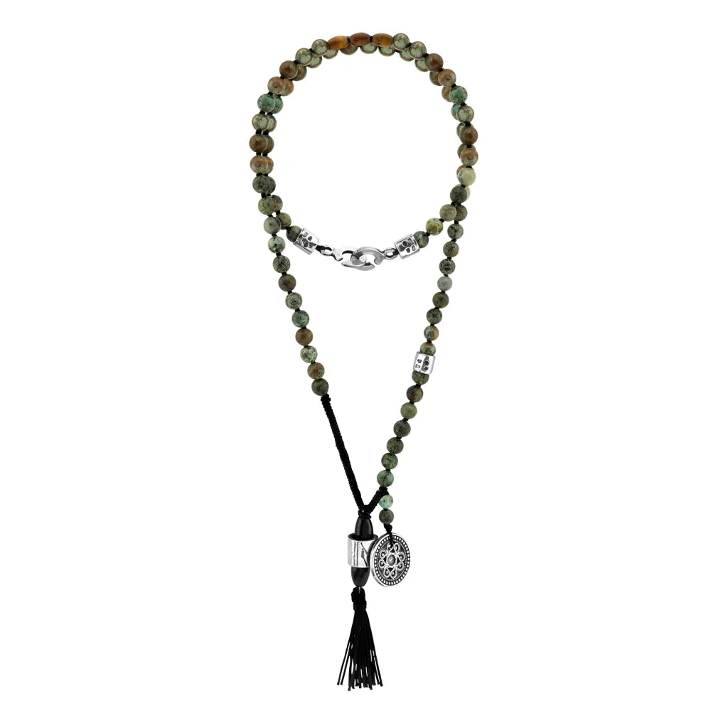 Collar de 43cm con piedras 6mm, con dije de moneda tibetana y borla de hilo encerado - Joyería y bisutería fina