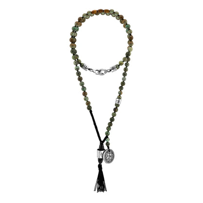 Collar de 43cm con piedras 6mm, con dije de moneda tibetana y borla de hilo encerado - Joyería y bisutería fina