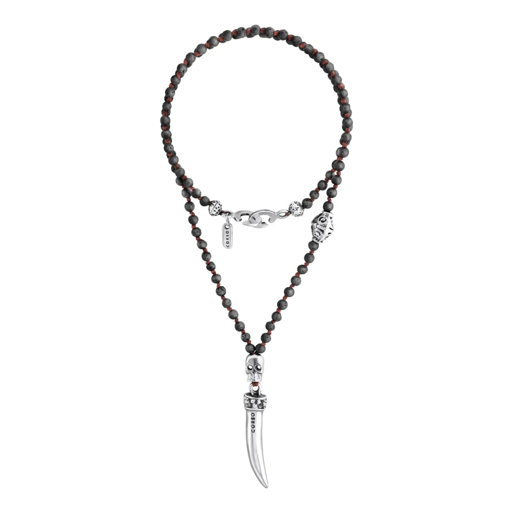 Collar de 36cm, con piedras 6mm, con dije de calavera y colmillo en acero pulido - Joyería y bisutería fina