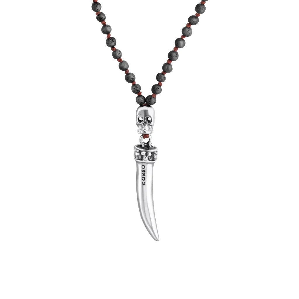Collar de 36cm, con piedras 6mm, con dije de calavera y colmillo en acero pulido - Joyería y bisutería fina