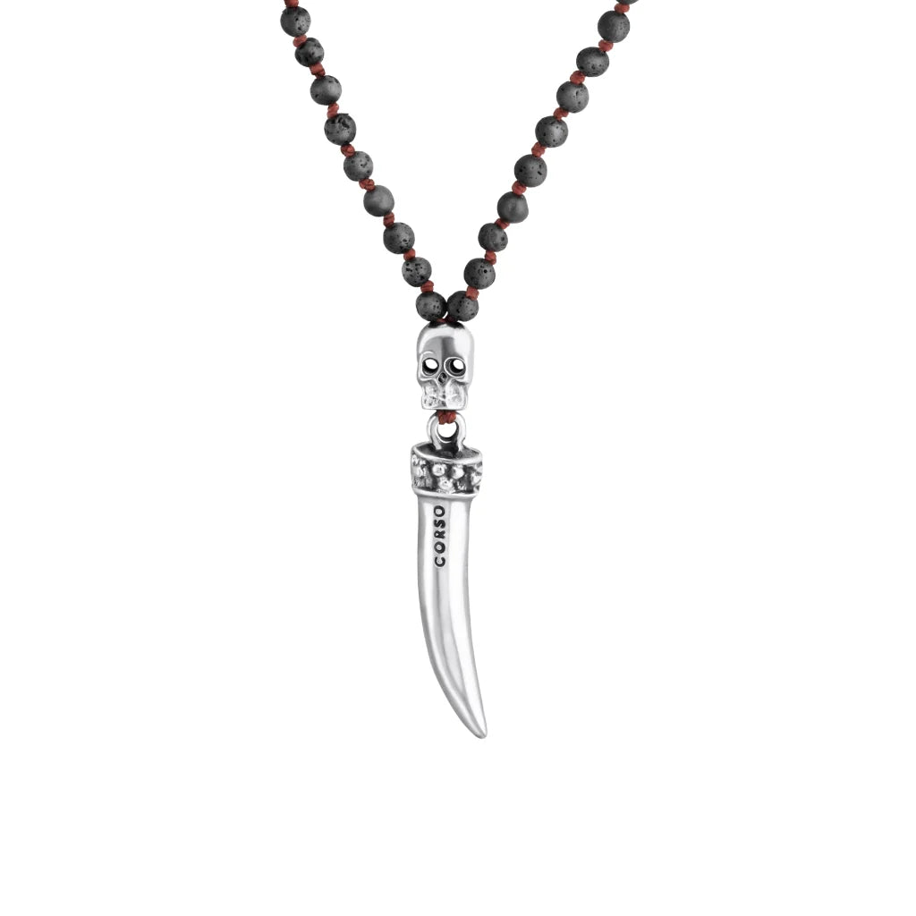 Collar de 36cm, con piedras 6mm, con dije de calavera y colmillo en acero pulido - Joyería y bisutería fina