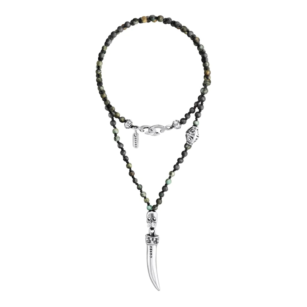 Collar de 36cm, con piedras 6mm, con dije de calavera y colmillo en acero pulido - Joyería y bisutería fina