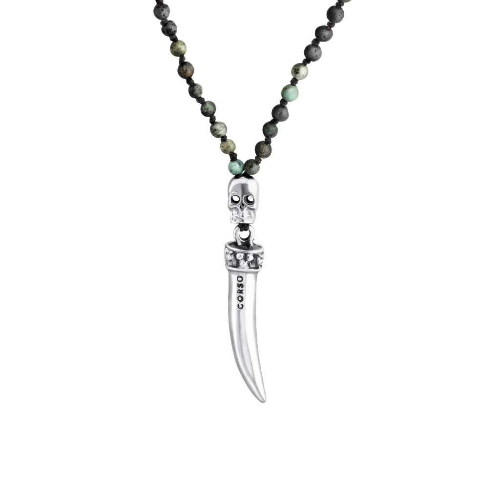 Collar de 36cm, con piedras 6mm, con dije de calavera y colmillo en acero pulido - Joyería y bisutería fina