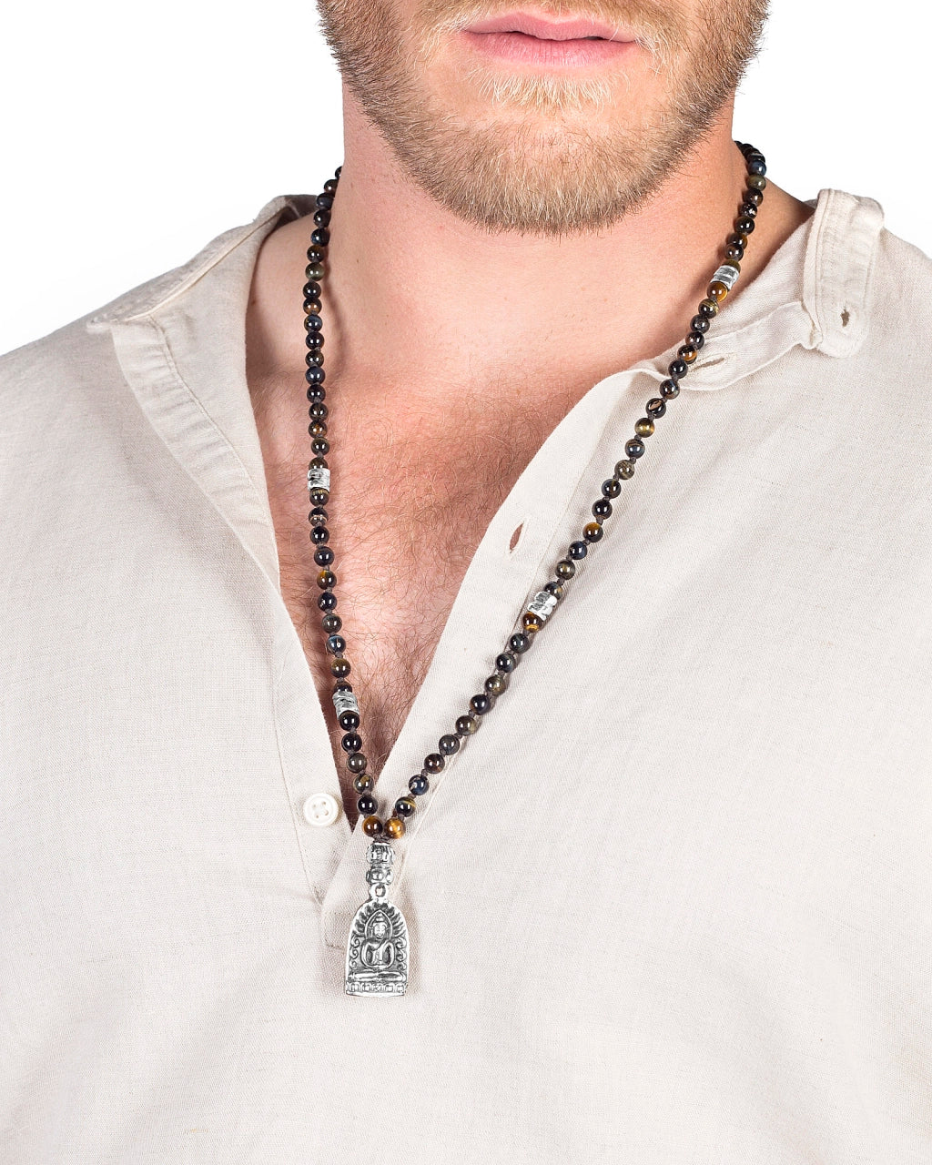 Collar de 41cm con piedras 6mm, dije de Buddha y espirales en terminado de acero pulido - Joyería y bisutería fina