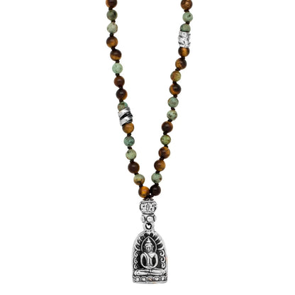 Collar de 41cm con piedras 6mm, dije de Buddha y espirales en terminado de acero pulido - Joyería y bisutería fina