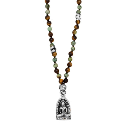 Collar de 41cm con piedras 6mm, dije de Buddha y espirales en terminado de acero pulido - Joyería y bisutería fina