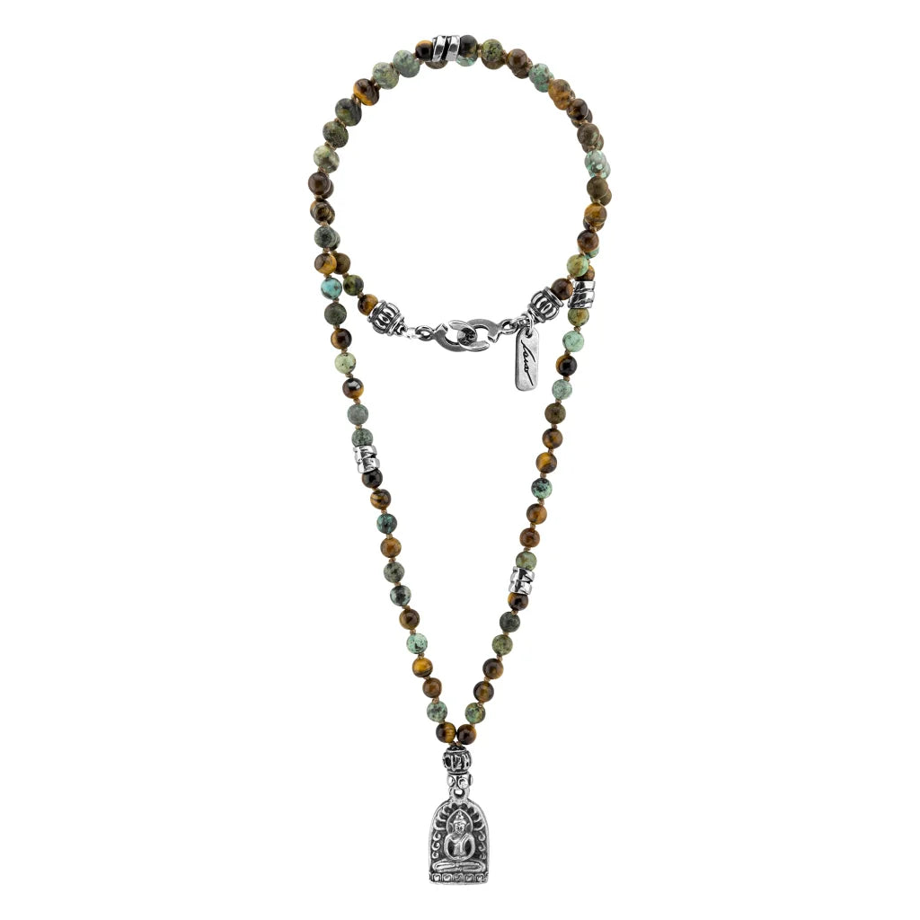 Collar de 41cm con piedras 6mm, dije de Buddha y espirales en terminado de acero pulido - Joyería y bisutería fina