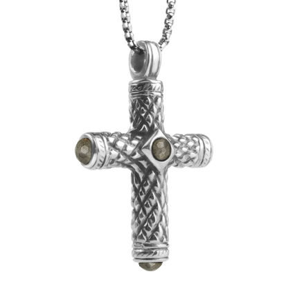 Collar de 36cm, con piedras de 6mm, con dije de cruz y mini donas en terminado de acero anticado - Joyería y bisutería fina