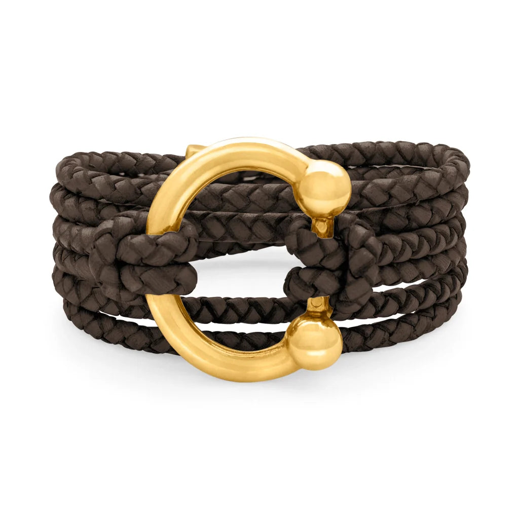 Pulsera de piel natural de borrego en trenza de 4 hilos con diseño envolvente multi-vuelta, con cierre de herradura en baño de oro de 22K - Joyería y bisutería fina