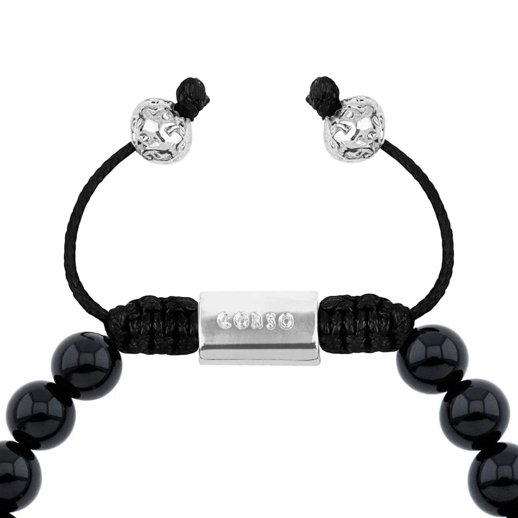 Pulsera con piedras naturales de 8mm, con cuenta central con mantras en baño de rodio - Joyería y bisutería fina