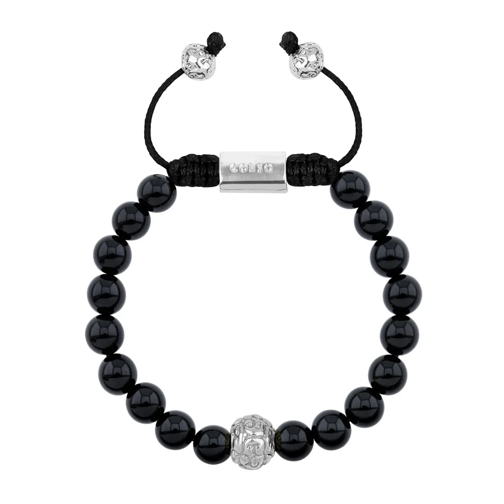 Pulsera con piedras naturales de 8mm, con cuenta central con mantras en baño de rodio - Joyería y bisutería fina