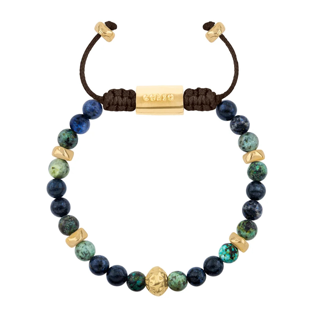 Pulsera baño de oro 22K, Cuentas central con mantra, piedras naturales de 6mm - Joyería y bisutería fina