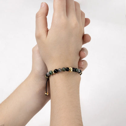 Pulsera baño de oro 22K, Cuentas central con mantra, piedras naturales de 6mm - Joyería y bisutería fina