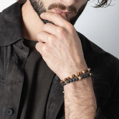 Pulsera baño de oro 22K, Cuentas central con mantra, piedras naturales de 6mm - Joyería y bisutería fina