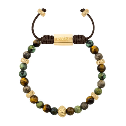 Pulsera baño de oro 22K, Cuentas central con mantra, piedras naturales de 6mm - Joyería y bisutería fina