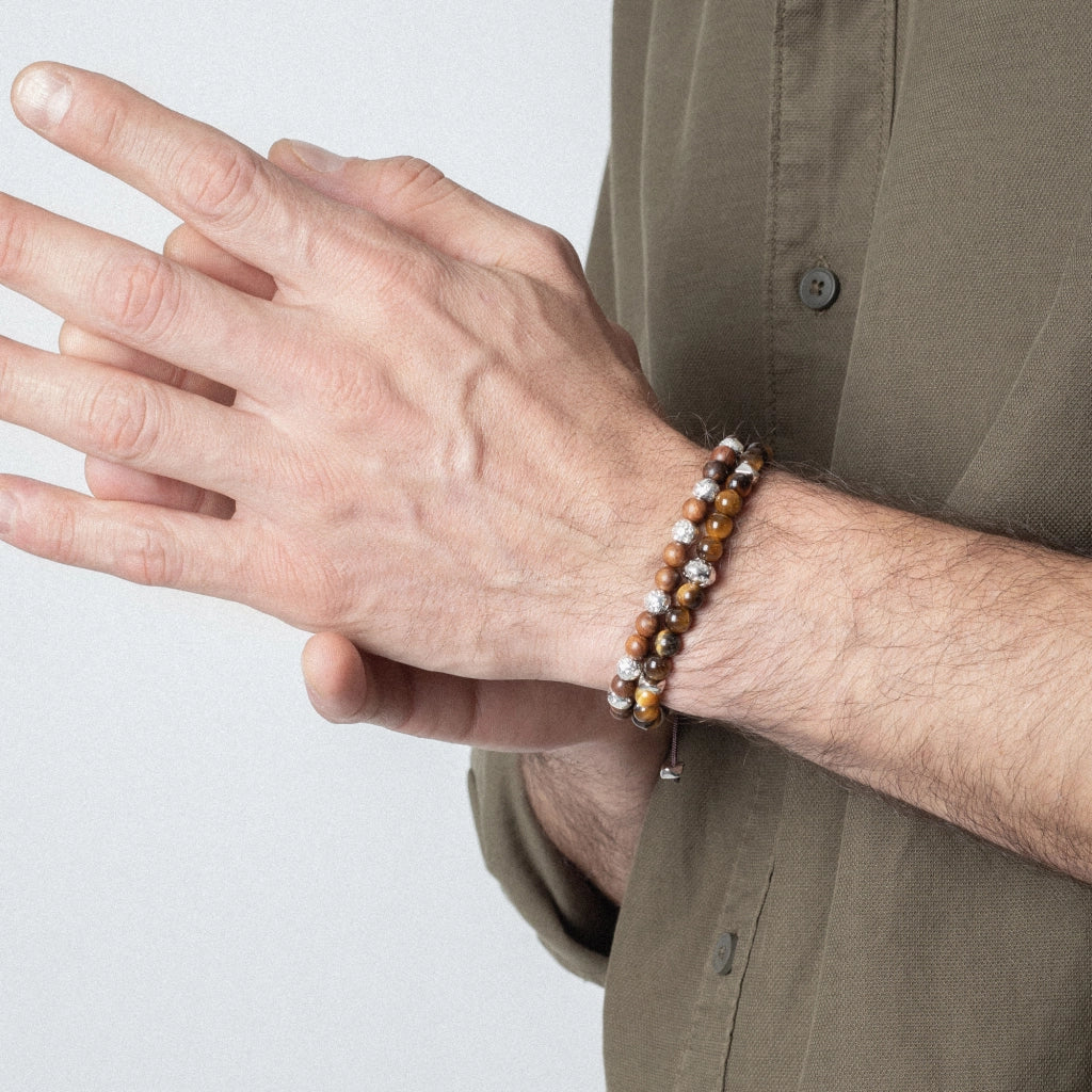 Pulsera Rodio, Cuentas central con mantra, piedras naturales de 6mm - Joyería y bisutería fina