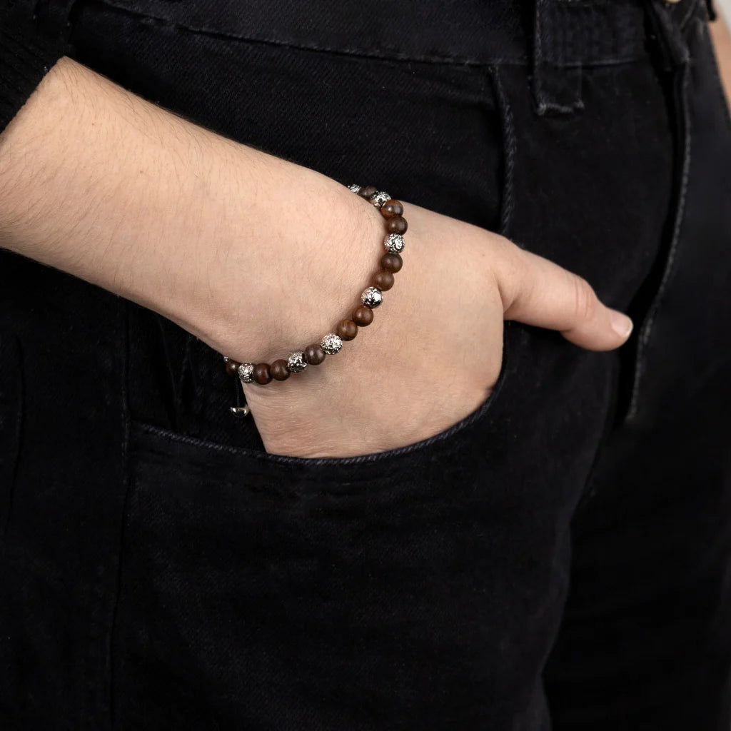 Pulsera con cuentas de sándalo y cuentas facetadas en baño de rodio - Joyería y bisutería fina